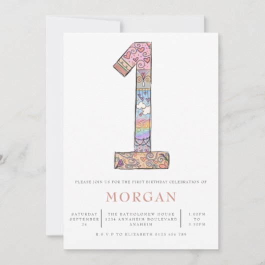 男女兼用第1バースデーボホハートパーティー 招待状 (正面)