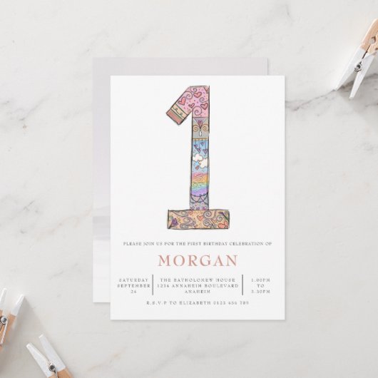 男女兼用第1バースデーボホハートパーティー 招待状 (正面/裏面インサイチュ)