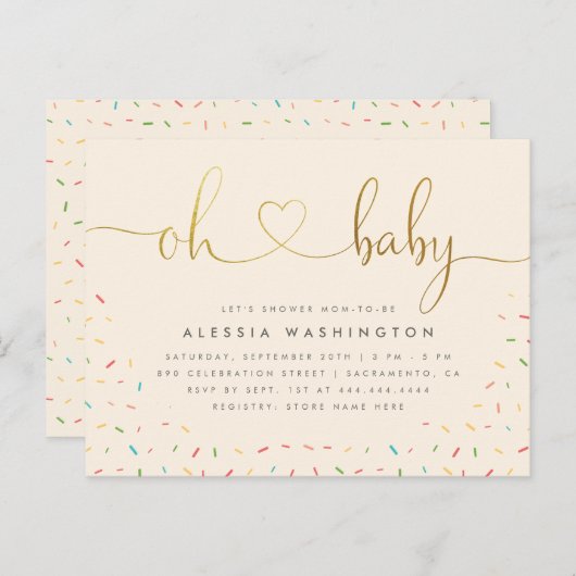 男女兼用金ゴールド書道Oh赤ちゃんシャワー インビテーションポストカード (正面/裏面)