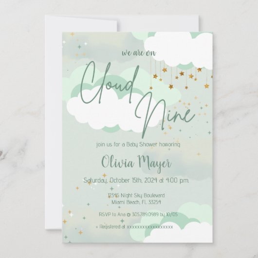 男女兼用雲九セージ緑の赤ちゃんシャワー 招待状 (正面)