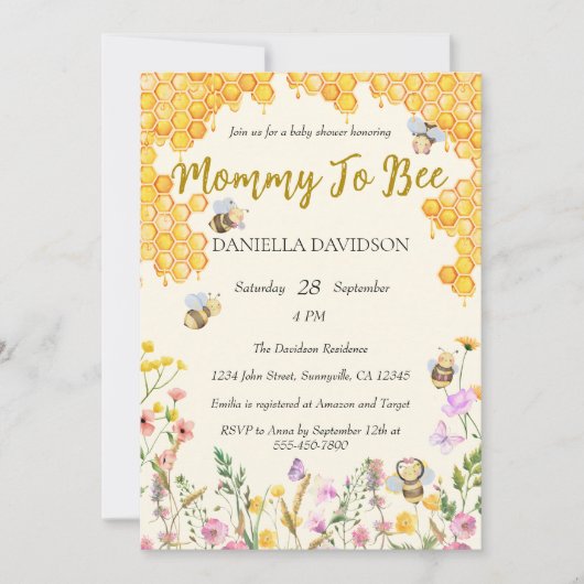 男女兼用Mommy to Beeフローラベイビーシャワー 招待状 (正面)