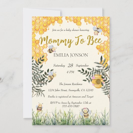 男女兼用Mommy to Bee水彩赤ちゃんシャワー 招待状 (正面)