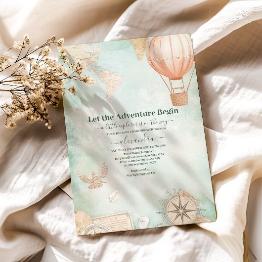 男女別の赤ちゃんシャワーを待つ水彩アドベンチャー 招待状