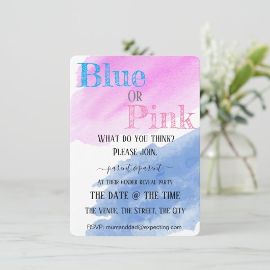 男女別の青またはピンクの水彩パーティー 招待状 (スタンド正面)