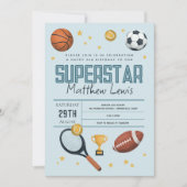 男子かわいいブルースポーツスーパースターキッズ2回目の誕生日 招待状 (正面)