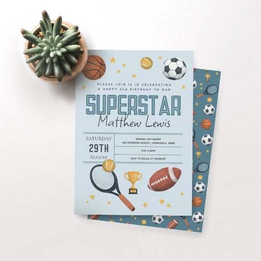 男子かわいいブルースポーツスーパースターキッズ2回目の誕生日 招待状