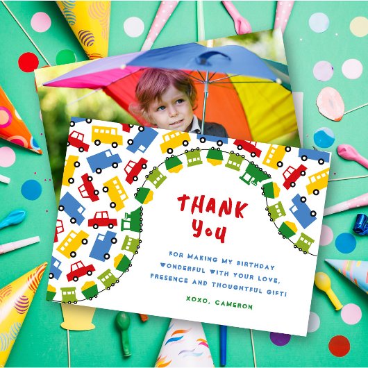 男子のおもちゃ楽しい輸送車電車トラックバス写真 サンキューカード