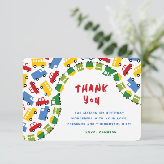 男子のおもちゃ楽しい輸送車電車トラックバス写真 サンキューカード (スタンド正面)
