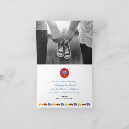 男子のおもちゃ楽しい & かわいい青いトラック黄色の水玉模様 サンキューカード (内部)