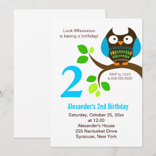男子のためのフクロウの誕生日招待状(青/緑) 招待状