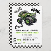 男子のグリーン蛍光モンスターカートの誕生日パーティー 招待状 (正面/裏面)