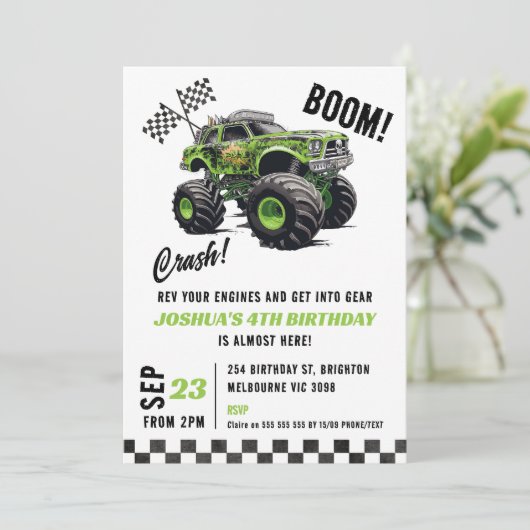 男子のグリーン蛍光モンスター トラックの誕生日パーティー 招待状 (スタンド正面)