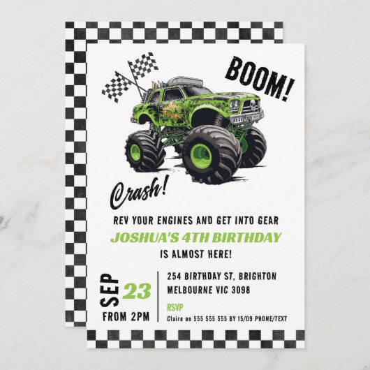 男子のグリーン蛍光モンスター トラックの誕生日パーティー 招待状 (正面/裏面)