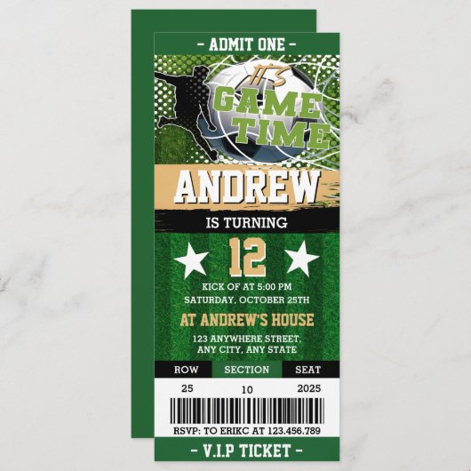 男子のサッカーボールチケット誕生日 招待状 (正面/裏面)