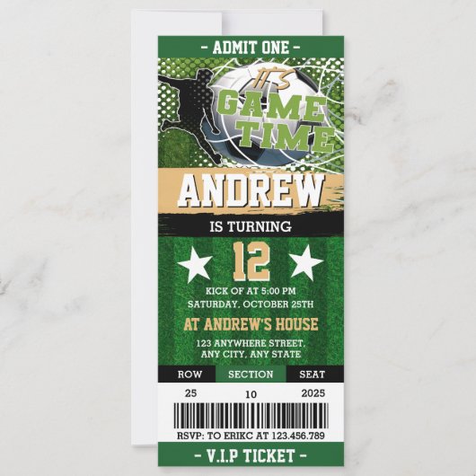 男子のサッカーボールチケット誕生日 招待状 (正面)