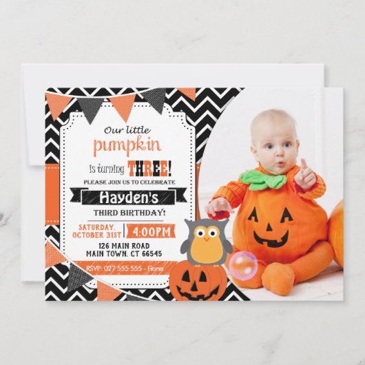 男子のハロウィン誕生日招待状（3歳） 招待状 (正面)