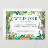 男子のワイルドなジャングルサファリ動物の1歳の誕生日 招待状 (正面/裏面)