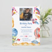 男子の写真 外宇宙 宇宙飛行士 青 赤 招待状 (スタンド正面)