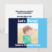 男子の写真 子供の誕生日パーティー 青いカラーブロック 招待状 (正面/裏面)