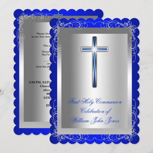 男子の初めての聖体拝領 シルバー ロイヤルブルー 2s 招待状 (正面/裏面)