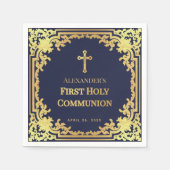 男子の初めての聖体拝領 ネイビーブルー 偽金の十字架 スタンダードカクテルナプキン (正面)