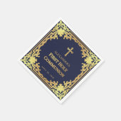 男子の初めての聖体拝領 ネイビーブルー 偽金の十字架 スタンダードカクテルナプキン (角)