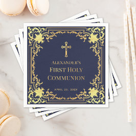 男子の初めての聖体拝領 ネイビーブルー 偽金の十字架 スタンダードカクテルナプキン