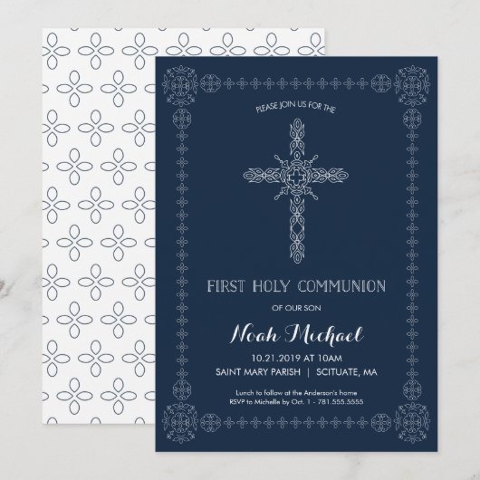 男子の初聖体拝領招待状 エレガントなクロス 招待状 (正面/裏面)
