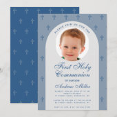 男子の初聖体拝領 フォト ダスティーブルー アーチ モダン 招待状 (正面/裏面)
