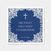 男子の初聖体拝領 ロイヤルブルー シルバー リーフ クロス スタンダードカクテルナプキン (正面)
