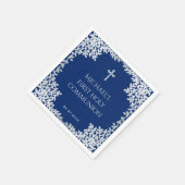 男子の初聖体拝領 ロイヤルブルー シルバー リーフ クロス スタンダードカクテルナプキン (角)