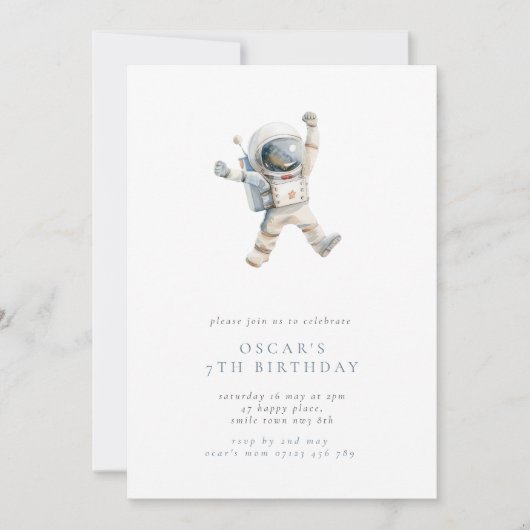 男子の宇宙飛行士 ミニマルな宇宙 誕生日パーティー 招待状 (正面)