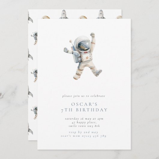 男子の宇宙飛行士 ミニマルな宇宙 誕生日パーティー 招待状 (正面/裏面)