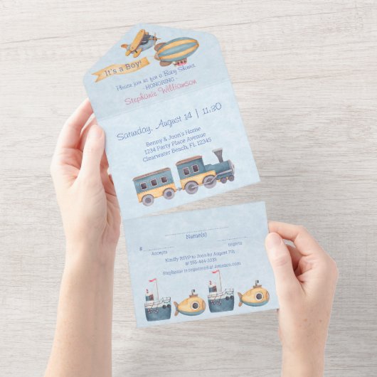 男子の木製おもちゃ 青いベビーシャワー オールインワン招待状 (貼ってはがせる)