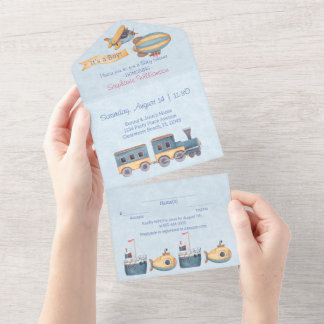 男子の木製おもちゃ 青いベビーシャワー オールインワン招待状