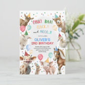 男子の牧場の動物たちのバルーン誕生日パーティー 招待状 (スタンド正面)