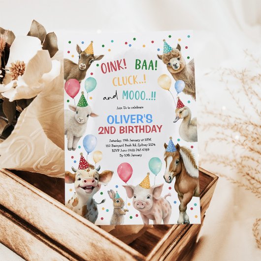 男子の牧場の動物たちのバルーン誕生日パーティー 招待状