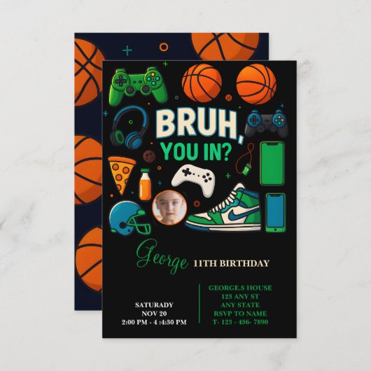 男子の誕生日パーティー招待状 ゲーマー & スポーツ (正面/裏面)