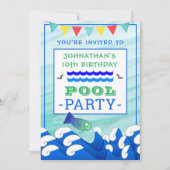 男子の魚の水泳誕生日プールパーティー 招待状 (正面)