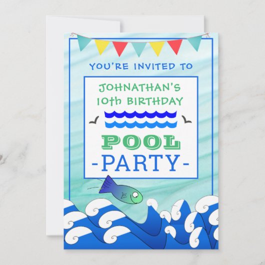男子の魚の水泳誕生日プールパーティー 招待状 (正面)
