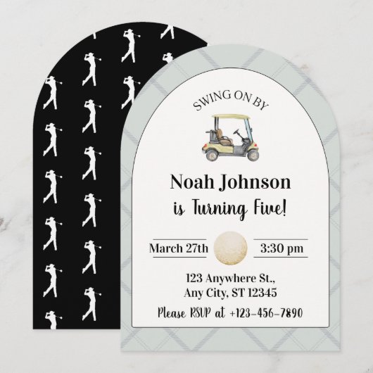 男子の5歳誕生日パーティーにお越しください！ゴルフ 招待状 (正面/裏面)