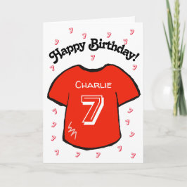 男子の7歳の誕生日の赤いサッカーシャツ カード