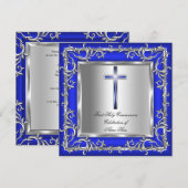 男子または女子の初聖体拝領 シルバー ブルー 3r 招待状 (正面/裏面)