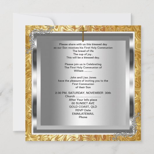 男子または女子ファースト1聖コミュニオン金ゴールドシルバー2 招待状 (裏面)