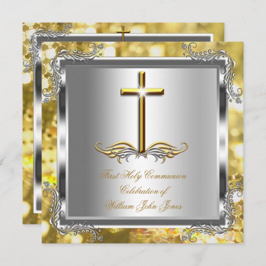 男子または女子ファースト1聖コミュニオン金ゴールドシルバー3 招待状 (正面/裏面)