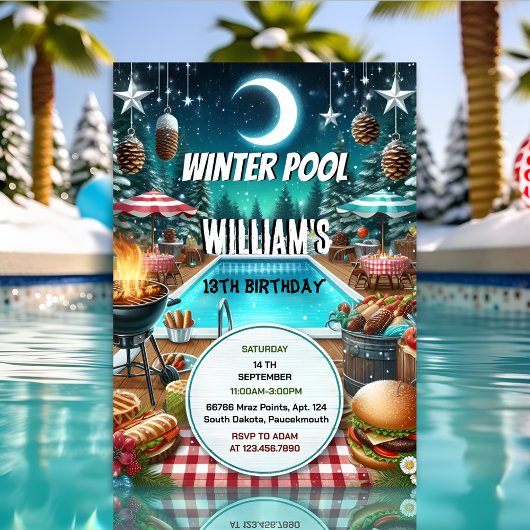 男子よ、ブラフ バーベキュー ウィンター プールパーティー 13歳の誕生日 招待状