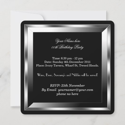 男子エレガント黒銀誕生パーティーマン2 招待状 (裏面)