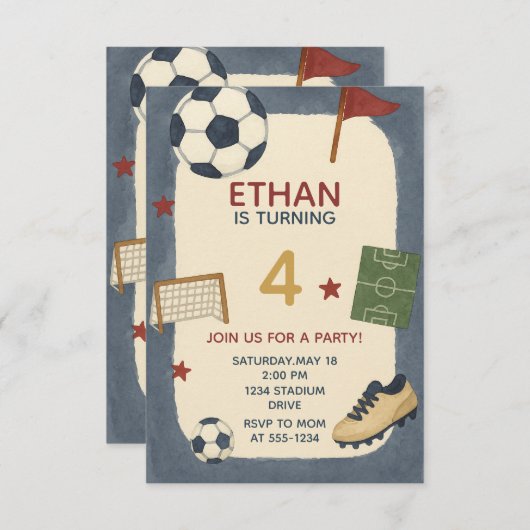 男子サッカースポーツ誕生日会 招待状 (正面/裏面)