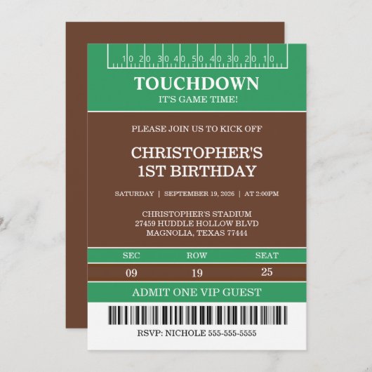 男子サッカー 緑のスポーツ 誕生日 招待状 (正面/裏面)