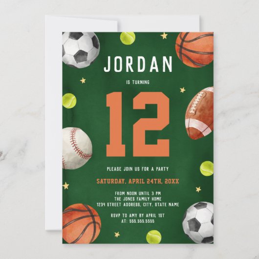 男子スポーツテーマオレンジ緑の誕生日パーティー 招待状 (正面)
